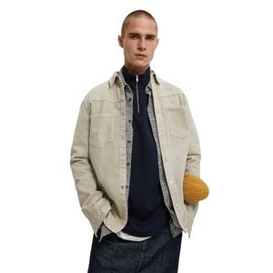 Zara Denim Overshirt Men's‎ Size Medium Khaki Tan Ripped Distressed